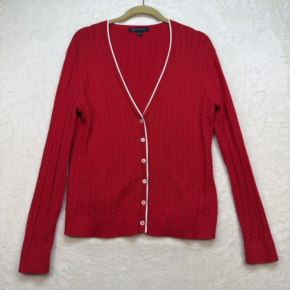 Brooks Brothers Red Cable Knit Cardigan Sweater V Neck Button‎ Front Womens L